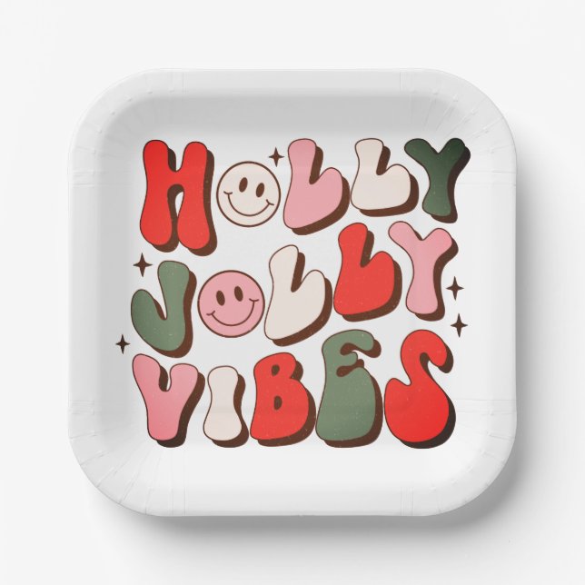 Retro Christmas Holly Jolly Vibes Trendy Holidays Paper Plates (Front)
