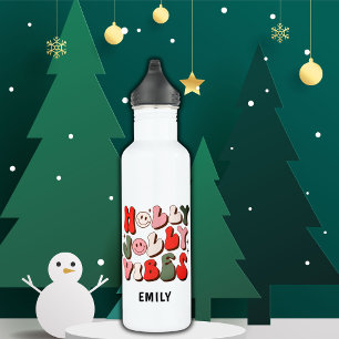 Retro Christmas Holly Jolly Vibes Trendy Holidays Stainless Steel Water Bottle