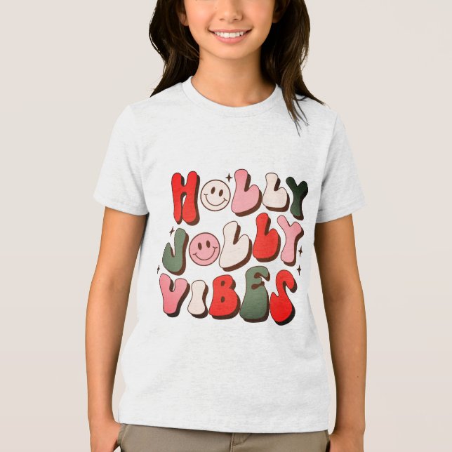Retro Christmas Holly Jolly Vibes Trendy Holidays Tri-Blend Shirt (Front)