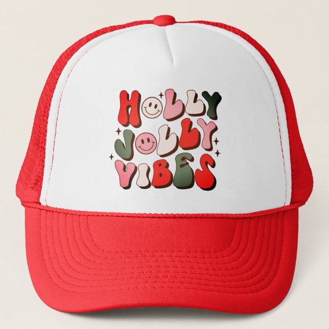 Retro Christmas Holly Jolly Vibes Trendy Holidays Trucker Hat (Front)