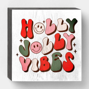 Retro Christmas Holly Jolly Vibes Trendy Holidays Wooden Box Sign