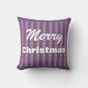 Retro Christmas Holly Red Green Purple Checkered Throw Pillow