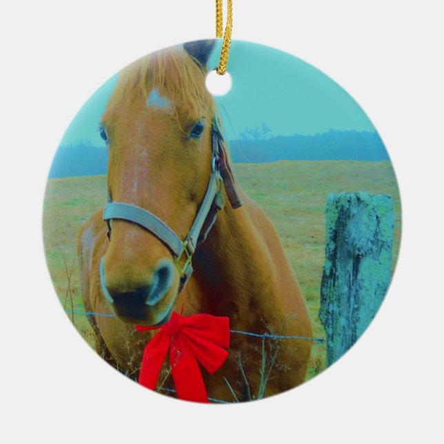 retro Christmas Horse Ceramic Ornament (Front)