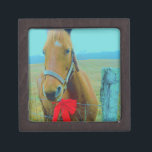 retro Christmas Horse Jewelry Box<br><div class="desc">Christmas Horse Christmas Horse Red bow Christmas Horse Stocking Photo by Sandy Closs , " Christmas Horse ",  "brown and white horse" ,  "western christmas" country"horse at christmas""christmas horse", christmas, ,  xmas horse,  horses teal pastel yellow blue red</div>