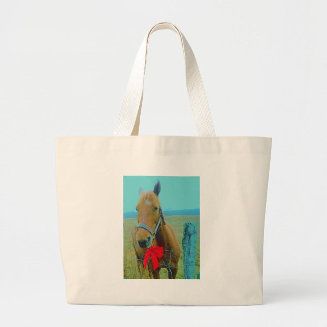retro Christmas Horse Large Tote Bag (Front)