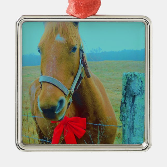 retro Christmas Horse Metal Ornament (Front)