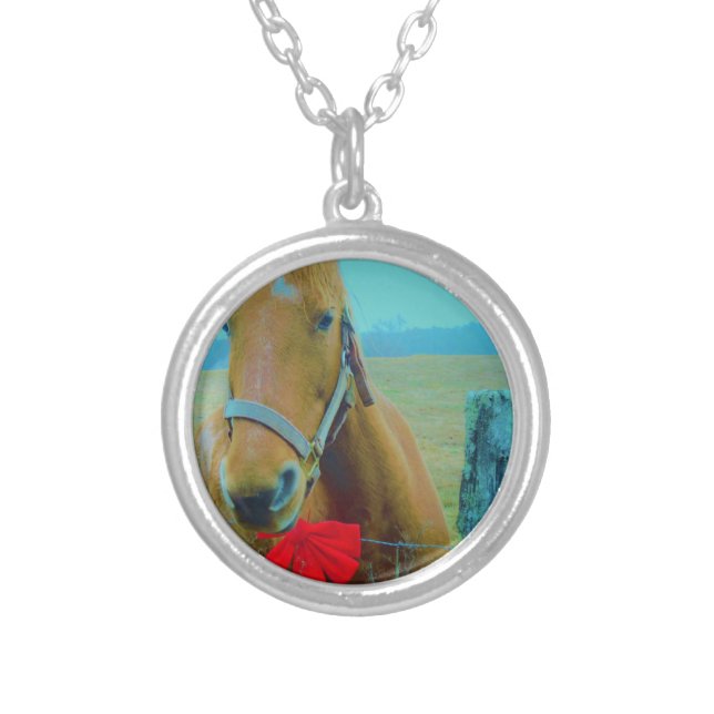 retro Christmas Horse Silver Plated Necklace (Front)