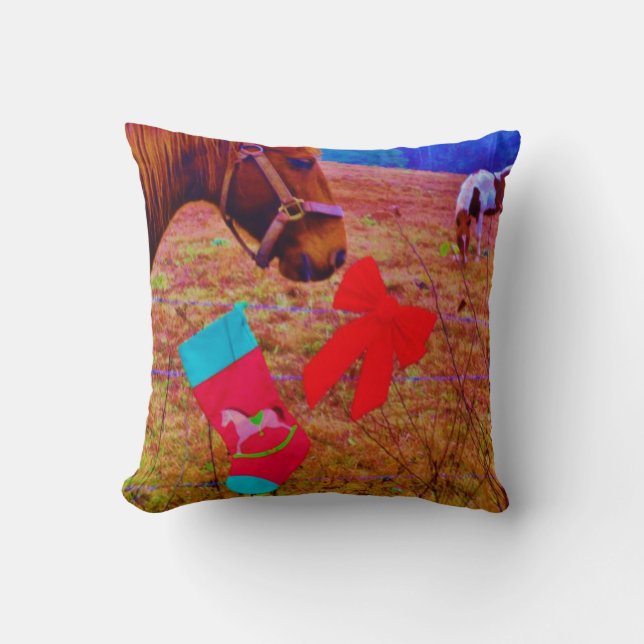Retro Christmas Horse Throw Pillow (Front)