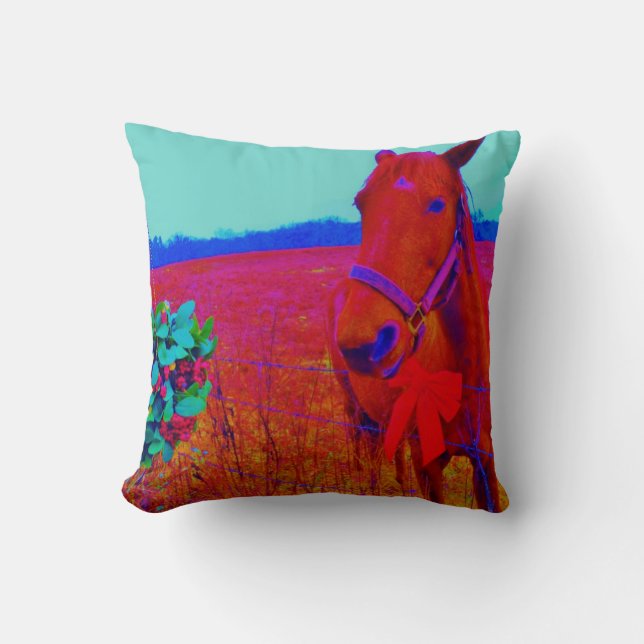 Retro Christmas Horse with Mistletoe and Red bow Throw Pillow (Front)