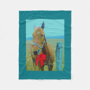 Retro Christmas Horse with Red bow Fleece Blanket