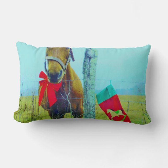 Retro Christmas Horse with Stocking and Red bow Lumbar Pillow (Front)