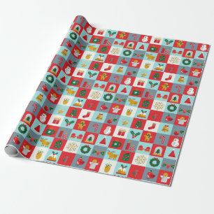 Retro Christmas Icons Red Aqua Checkerboard Wrapping Paper