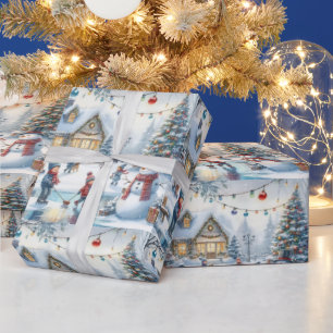 Retro Christmas Kids Skating Gift Wrapping Paper