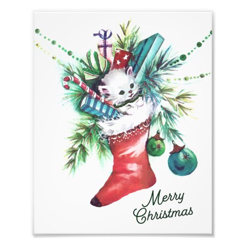 Retro Christmas Kitten in a Red Stocking Wall Art