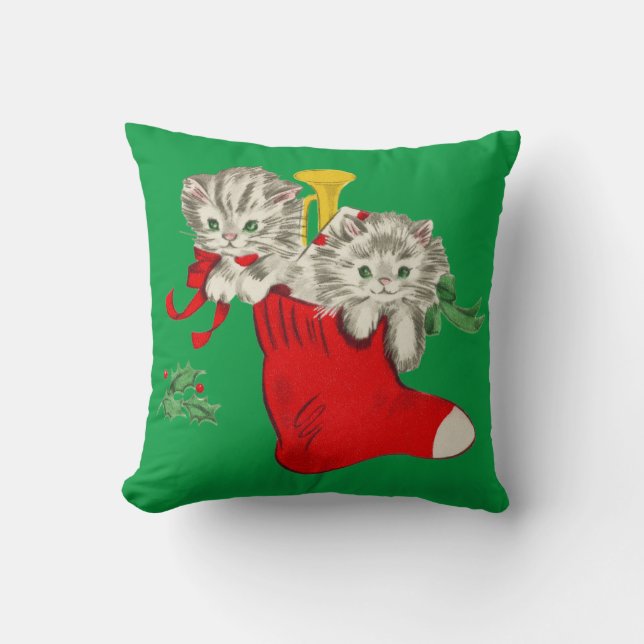Retro Christmas Kittens Throw Pillow (Front)