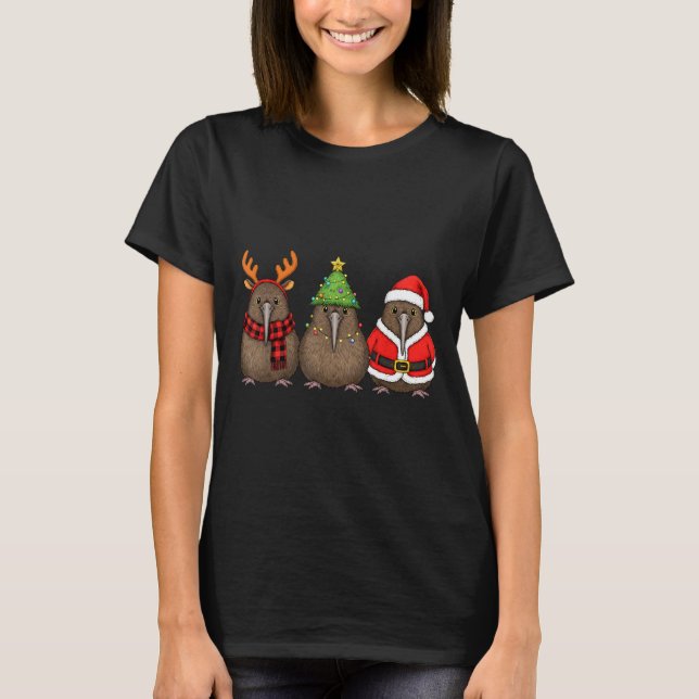 Retro Christmas Kiwi Bird Santa Reindeer  T-Shirt (Front)