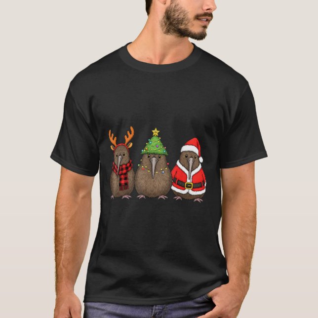 Retro Christmas Kiwi Bird Santa Reindeer  T-Shirt (Front)