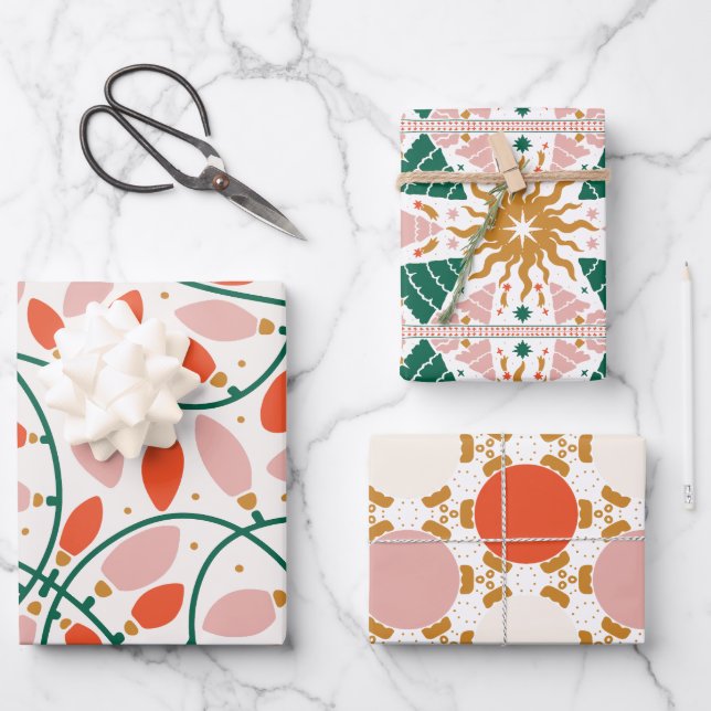 Retro Christmas Lights Tree Ornaments Holiday Wrapping Paper Sheets (Front)