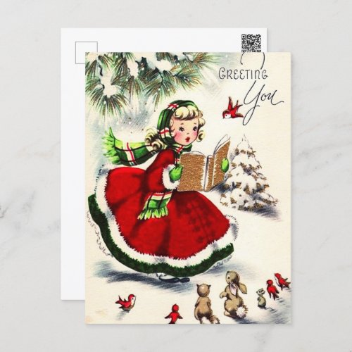 Retro Christmas Little Girl Singing Bunnies Postcard
