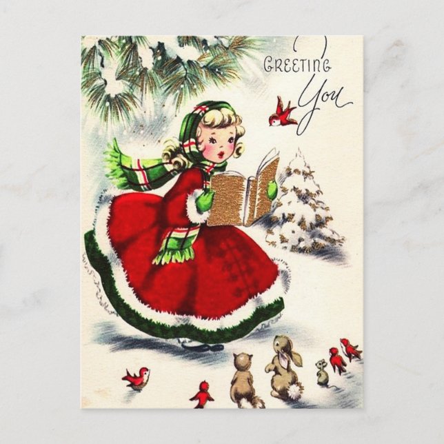 Retro Christmas Little Girl Singing Bunnies Postcard (Front)