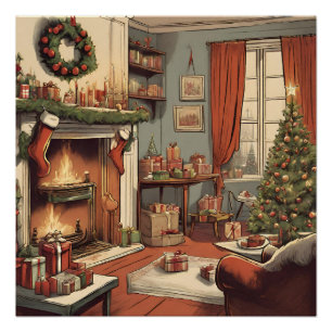 Retro Christmas Living Room with Christmas Tree Poster