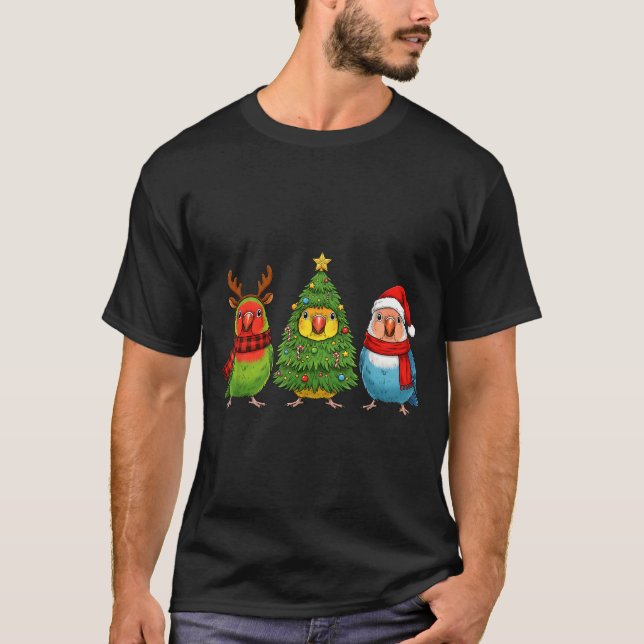 Retro Christmas Lovebird Parrot Santa Reindeer  T-Shirt (Front)
