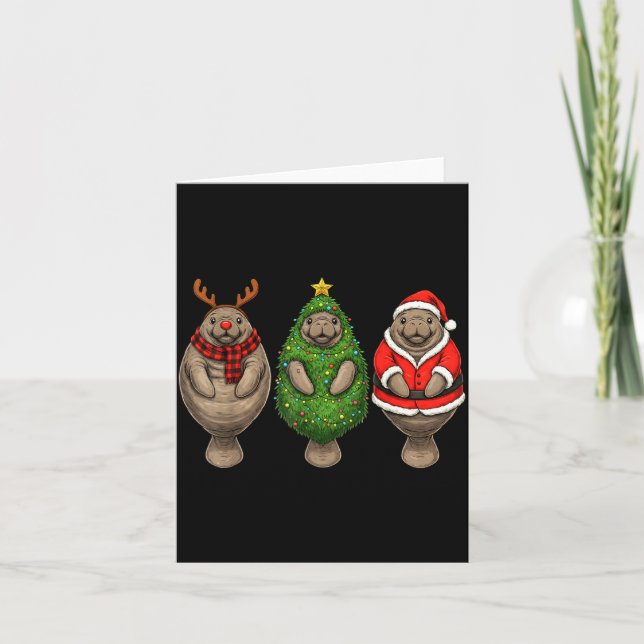 Retro Christmas Manatee Santa Reindeer  Card (Front)