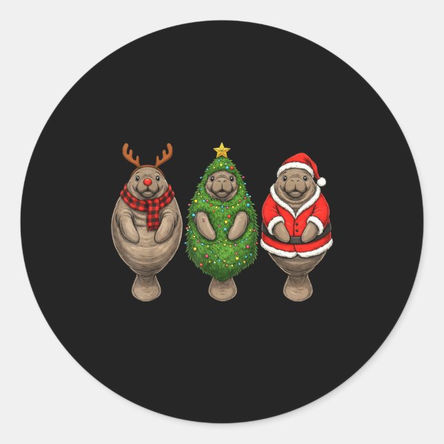 Retro Christmas Manatee Santa Reindeer  Classic Round Sticker (Front)