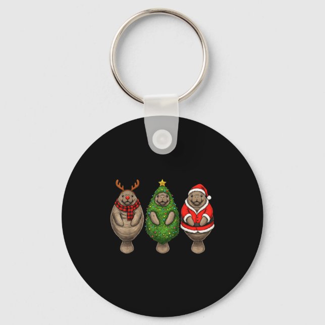 Retro Christmas Manatee Santa Reindeer  Keychain (Front)