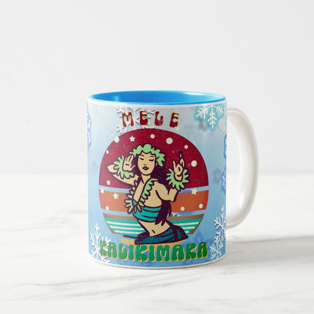 Retro Christmas, Mele Kalikimaka Hula Dancer Two-Tone Coffee Mug (Front Right)