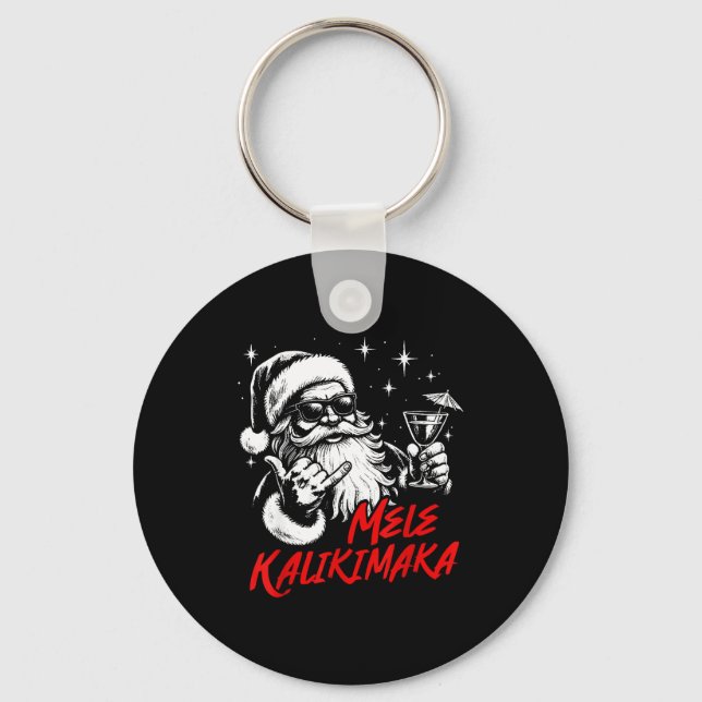 Retro Christmas Mele Kalikimaka Santa Shaka Hawaii Keychain (Front)