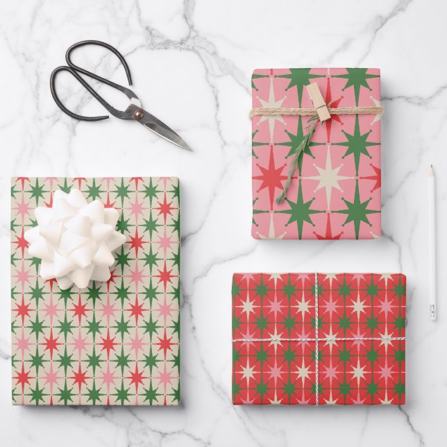 Retro Christmas Midcentury Atomic Starburst Stars Wrapping Paper Sheets (Front)