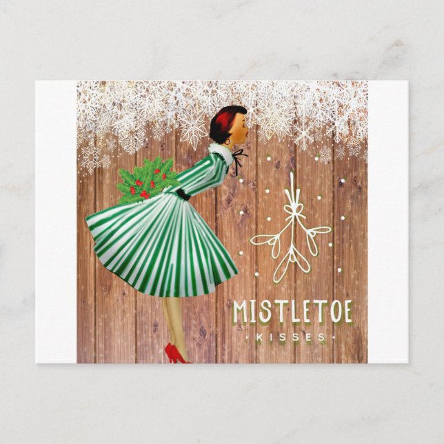 Retro Christmas Mistletoe Kisses Holiday Postcard (Front)