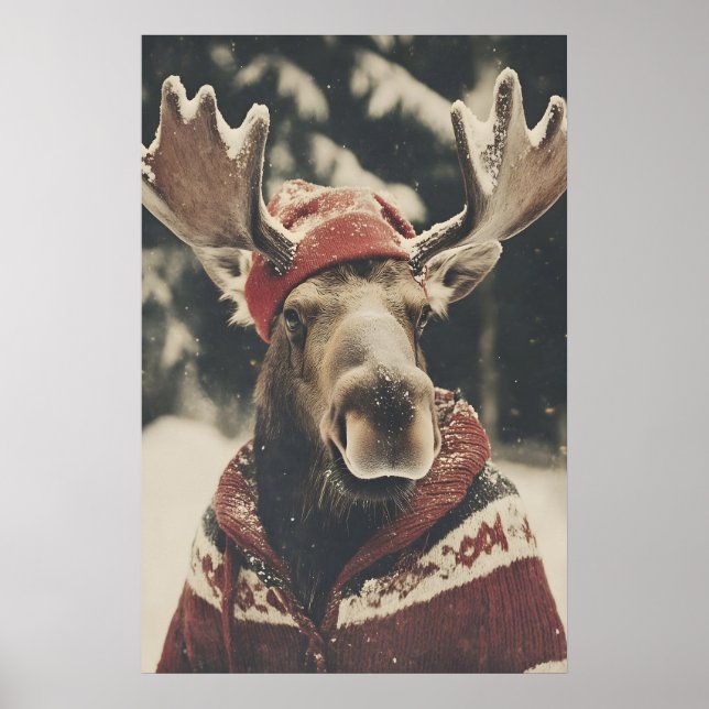 Retro Christmas Moose Art Print, Holiday Wall Poster (Front)