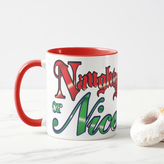Retro Christmas, Naughty or Nice Red Green Letters Mug (With Donut)