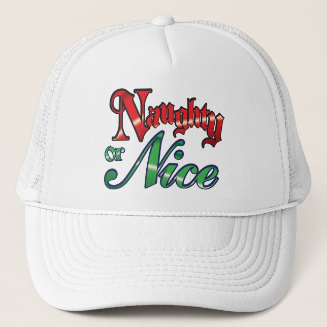 Retro Christmas, Naughty or Nice Red Green Letters Trucker Hat (Front)
