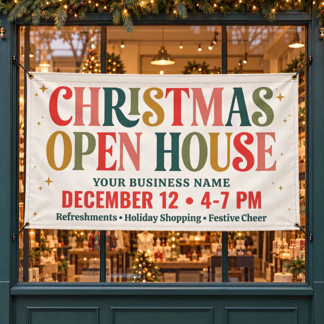 Retro Christmas Open House Business Banner | Zazzle