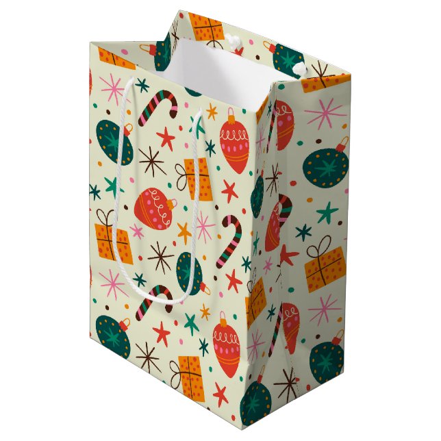 Retro Christmas Ornament and Gift Pattern Medium Gift Bag (Front Angled)