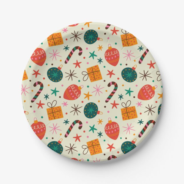 Retro Christmas Ornament and Gift Pattern Paper Plates (Front)