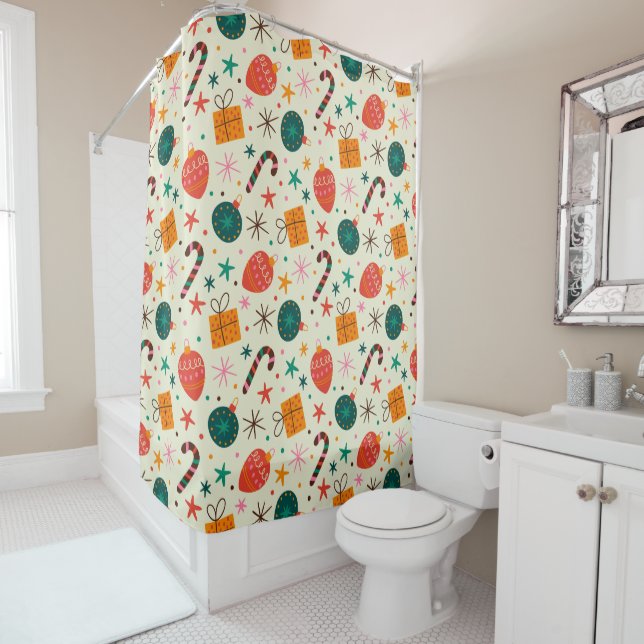 Retro Christmas Ornament and Gift Pattern Shower Curtain (In Situ)