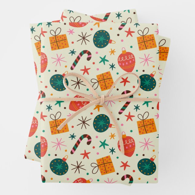 Retro Christmas Ornament and Gift Pattern Wrapping Paper Sheets (In situ)