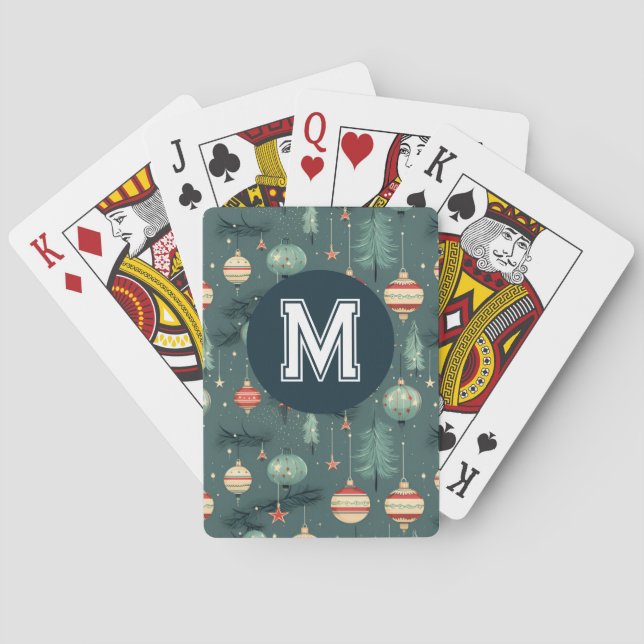 Retro Christmas Ornament Monogram Playing Cards (Back)