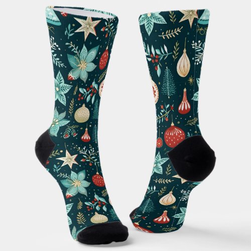 Retro Christmas Ornaments and Flowers Pattern Socks