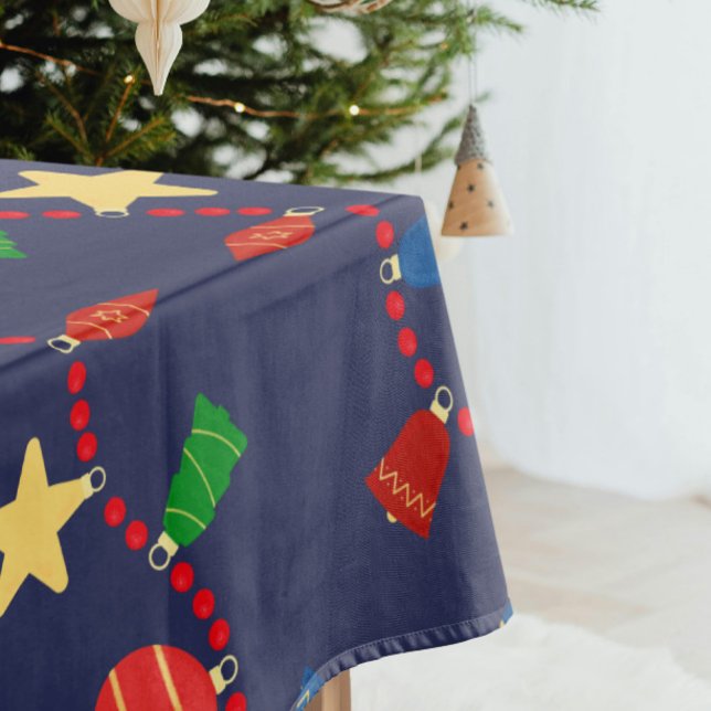 Retro Christmas ornaments and garland navy Tablecloth (Navy blue retro Christmas tablecloth with vintage red, blue, gold and green Christmas ornaments )