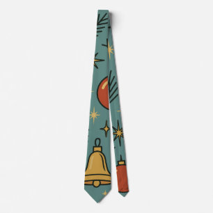 Retro Christmas Ornaments Bells and Stars Pattern Neck Tie