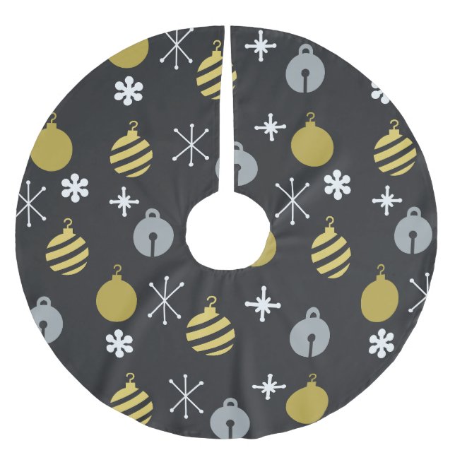 Retro Christmas Ornaments Black Gold Brushed Polyester Tree Skirt (Front)