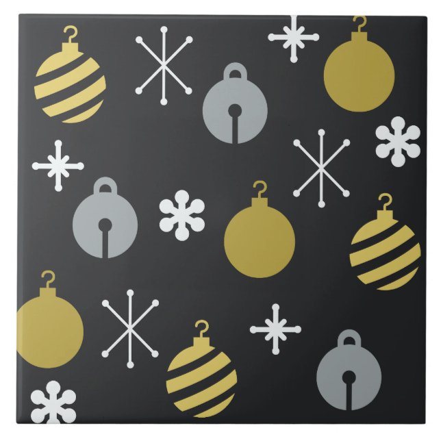 Retro Christmas Ornaments Black Gold Ceramic Tile (Front)