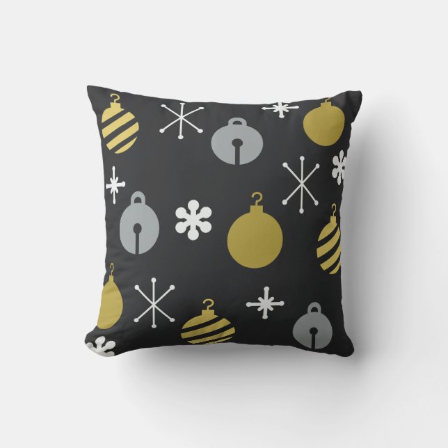 Retro Christmas Ornaments Black Gold Throw Pillow (Front)