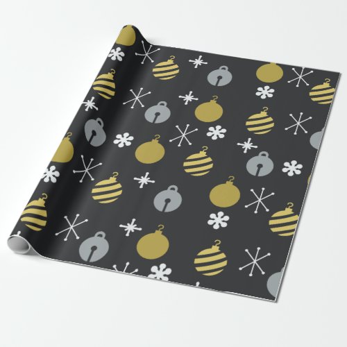 Retro Christmas Ornaments Black Gold Wrapping Paper