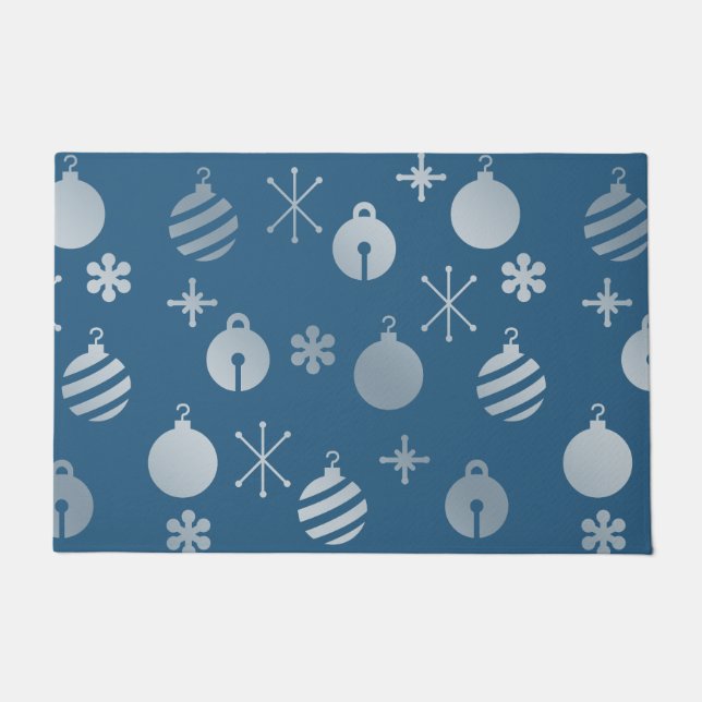 Retro Christmas Ornaments Blue Silver Doormat (Front)